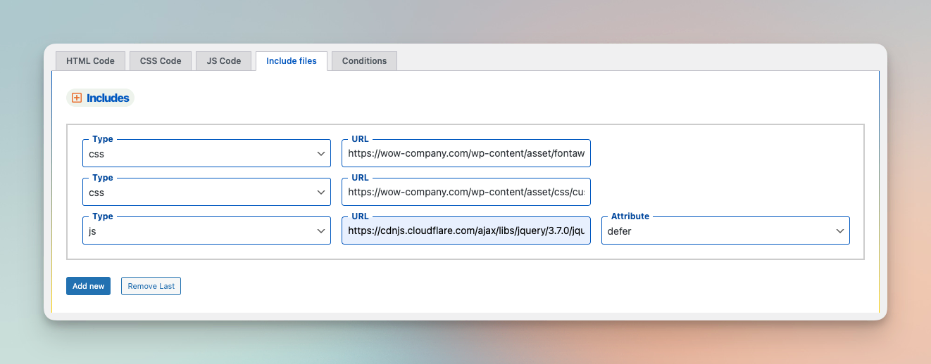 WP Coder: tab 'Includes files'